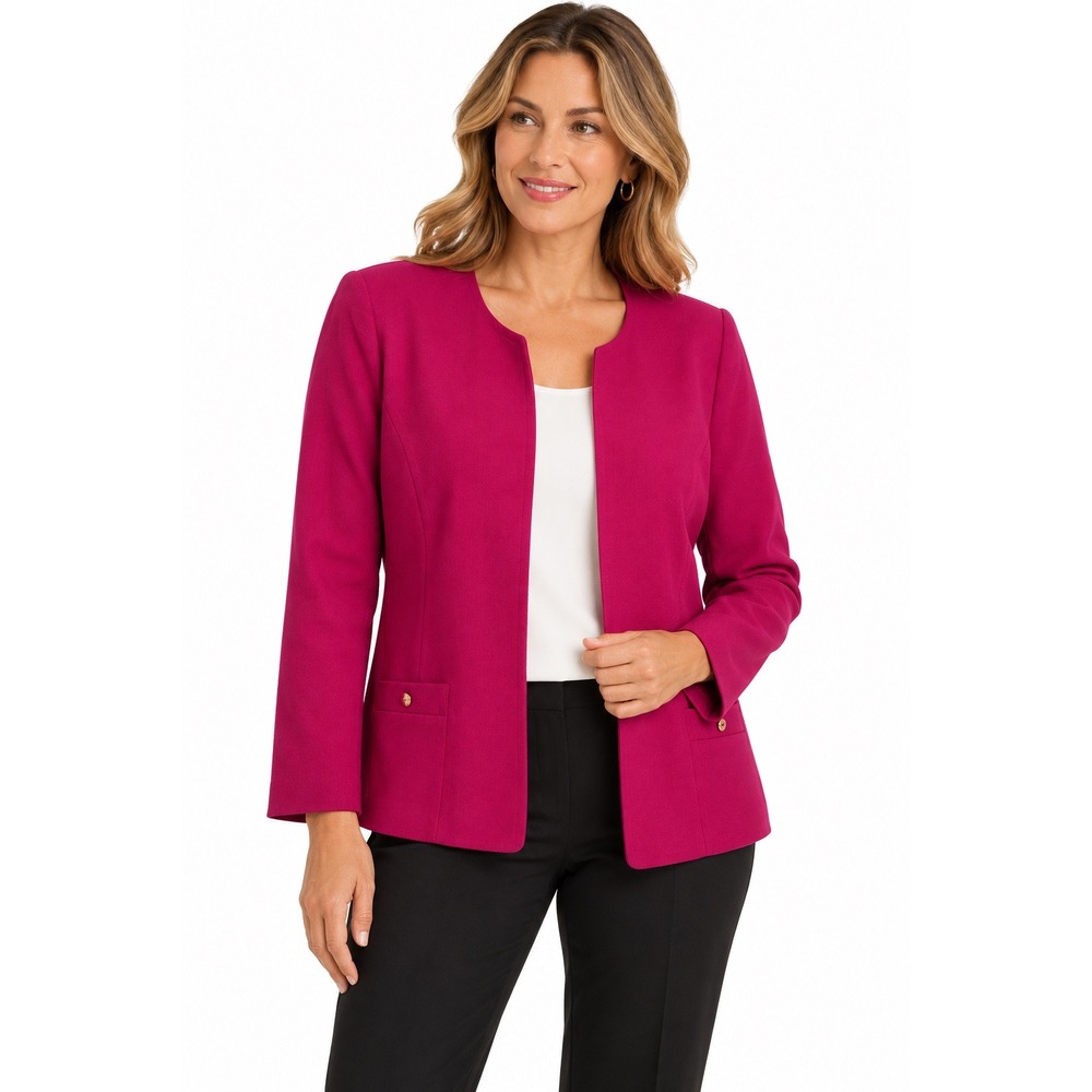 Talbots Womens Magenta Pink 100% Wool Open Front Blazer Jacket Size 18 Gold Tone